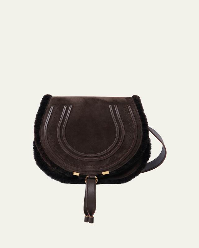 Marcie Saddle Crossbody Bag in Shearling-Trim Suede